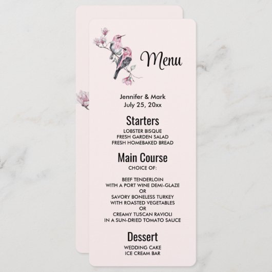 木の枝にピンクと黒の鳥 招待状 (正面/裏面)