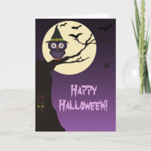 木の枝にフクロウのハロウィングリーティングカード