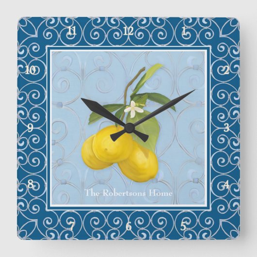 木の枝にレモン葉花のスクロール名 スクエア壁時計 (正面)