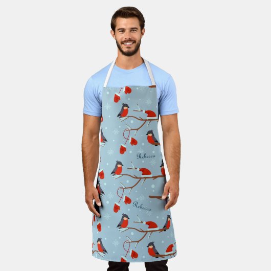 木の枝に冬のロビンスかわいい鳥のパターン エプロン (着用した状態)