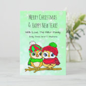 木の枝に座るかわいいフクロウのカップル クリスマス シーズンカード (スタンド正面)