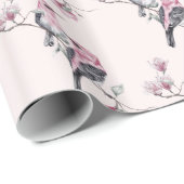 木の枝に描くピンクと黒の鳥 ラッピングペーパー (ロールコーナー)