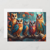 木の枝に止まった5本のフクロウ ポストカード (正面/裏面)