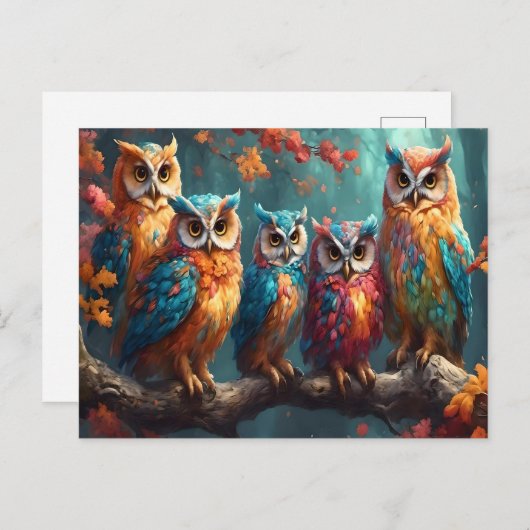 木の枝に止まった5本のフクロウ ポストカード (正面/裏面)