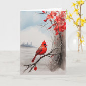 木の枝に止まる美しい赤い(鳥)ショウジョウコウカンチョウ 空白の カード (黄色い花)