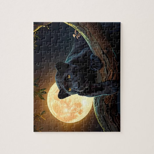 木の枝に置くかわいい黒いパンサー赤い月 ジグソーパズル (縦)