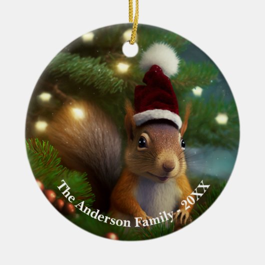 木の枝に隠れた可愛らしいリスカスタムル セラミックオーナメント (正面)