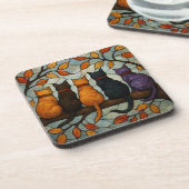 木の枝に５匹の猫 ステンドグラス風 コースター (左側)