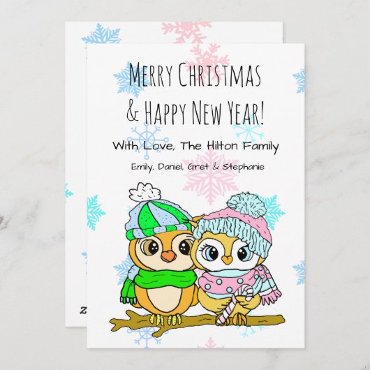 木の枝の上にかわいいフクロウのカップルのクリスマス シーズンカード (正面/裏面)