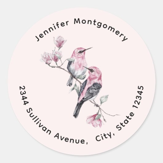 木の枝の上のピンクと黒の鳥 ラウンドシール (正面)