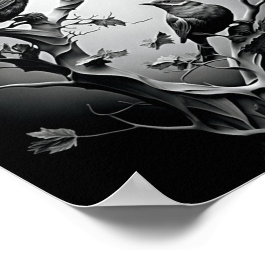 木の枝の上の鳥と黒と白の鳥 ポスター (角)