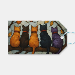 木の枝の上の5匹の猫 ステンドグラス風 ギフトタグ