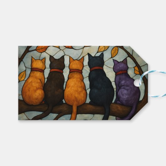 木の枝の上の5匹の猫 ステンドグラス風 ギフトタグ (正面(横))
