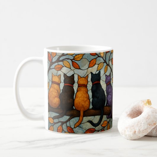 木の枝の上の5匹の猫 ステンドグラス風 コーヒーマグカップ (ドーナツ)