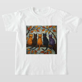 木の枝の上の5匹の猫 ステンドグラス風 Tシャツ