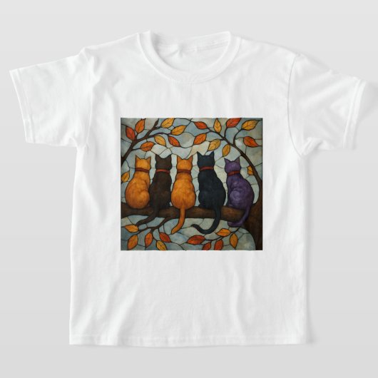 木の枝の上の5匹の猫 ステンドグラス風 Tシャツ (レイダウン)