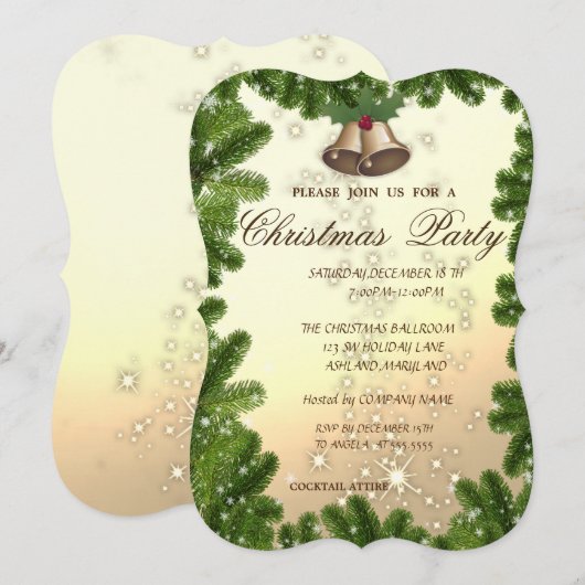 木の枝、鐘、会社のクリスマスパーティー 招待状 (正面/裏面)