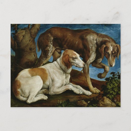 木の根元に繋がれた2頭の狩猟犬、1548-50年頃 ポストカード (正面)