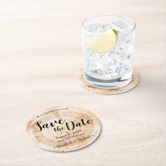 木の樹皮の素朴ディスク結婚式の日付を保存 ラウンドペーパーコースター (インサイチュ)