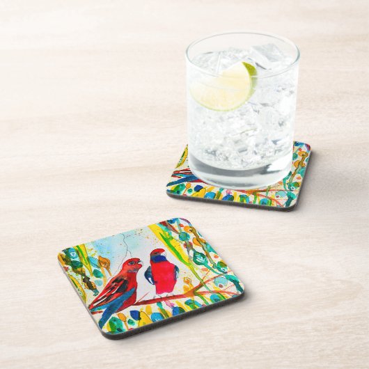 木の水彩画のローゼルの鳥 コースター (右側)