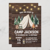 木の温もりあふれるキャンプ場の子供の誕生日パーティー招待状 招待状 (正面/裏面)