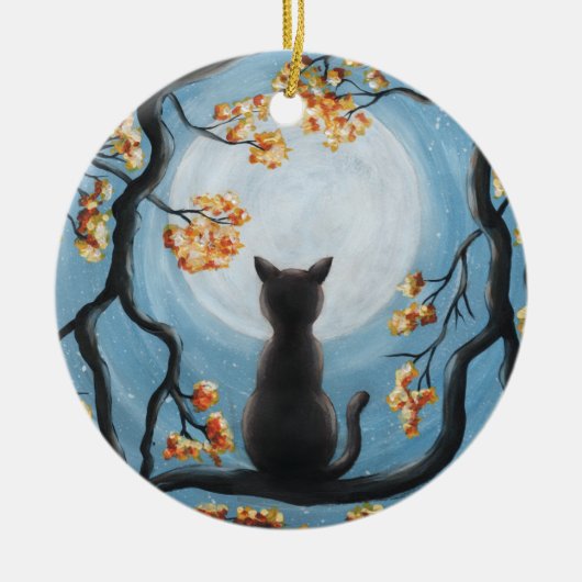 木の満月の絵画のお洒落な猫 セラミックオーナメント (正面)