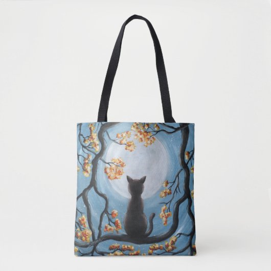 木の満月の絵画のお洒落な猫 トートバッグ (正面)