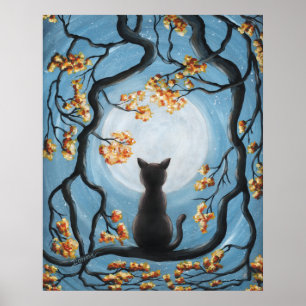 木の満月の絵画のお洒落な猫 ポスター