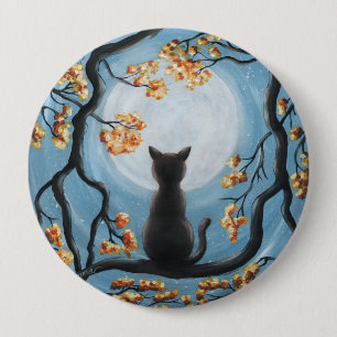 木の満月の絵画のお洒落な猫 缶バッジ