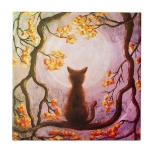 木の満月の絵画の芸術のお洒落な猫 タイル