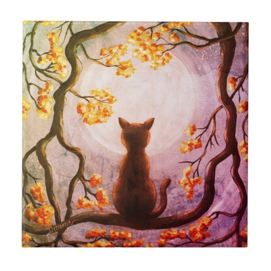 木の満月の絵画の芸術のお洒落な猫 タイル (正面)