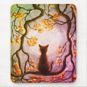 木の満月の絵画の芸術のお洒落な猫 マウスパッド