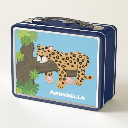 木の漫画のイラストレーションで眠っているかわいいヒョウ メタルランチボックス (裏面)