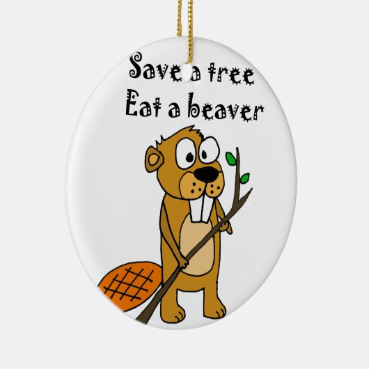 木の漫画を持つおもしろいなビーバー セラミックオーナメント (右)