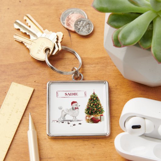 木の白いプーおもしろいルクリスマスドッグ キーホルダー (デスク)