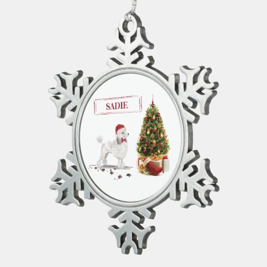 木の白いプーおもしろいルクリスマスドッグ スノーフレークピューターオーナメント (右)
