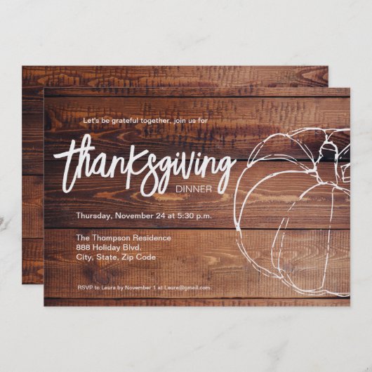 木の白い素朴かぼちゃの感謝祭ディナー 招待状 (正面/裏面)