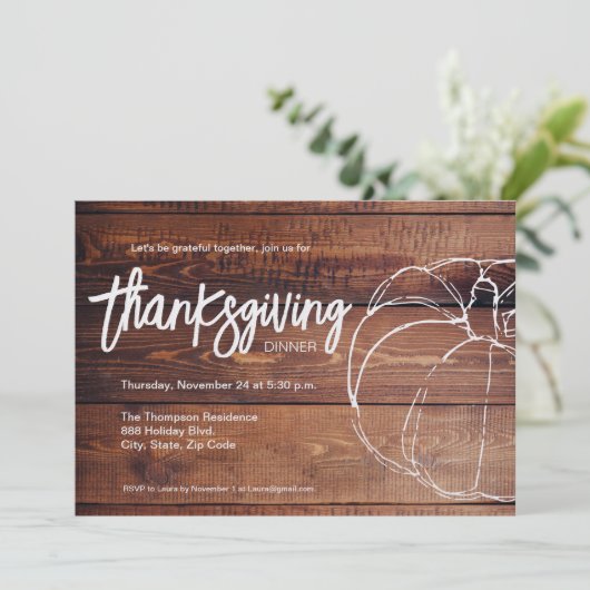木の白い素朴かぼちゃの感謝祭ディナー 招待状 (スタンド正面)