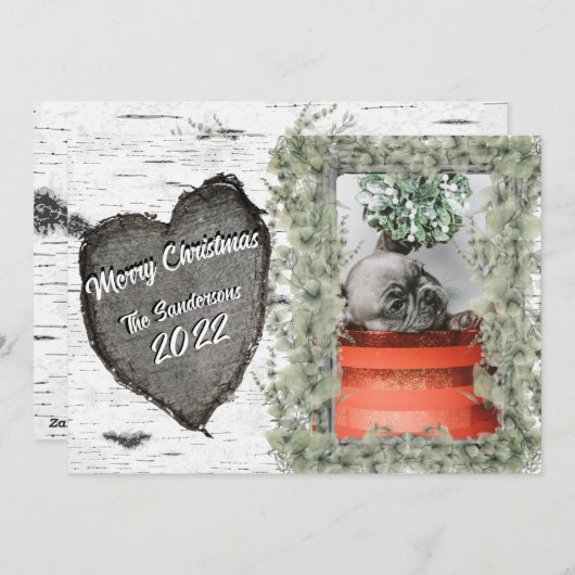 木の皮のぬくもりあふれるハート型　家族写真のホリデーカード シーズンカード (正面/裏面)