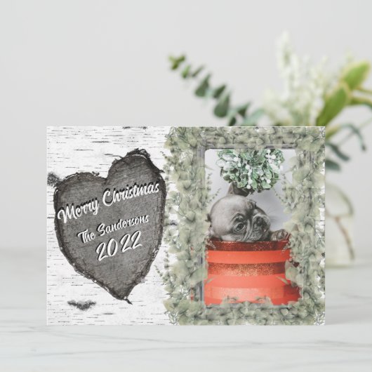 木の皮のぬくもりあふれるハート型　家族写真のホリデーカード シーズンカード (スタンド正面)