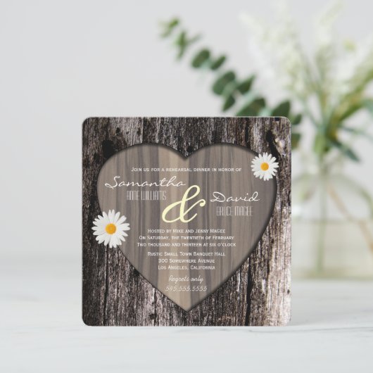 木の皮素朴ハートとデイジーリハーサルディナー 招待状 (スタンド正面)