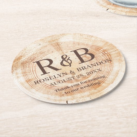 木の粒素朴の結婚感謝モノグラム ラウンドペーパーコースター (アングル)