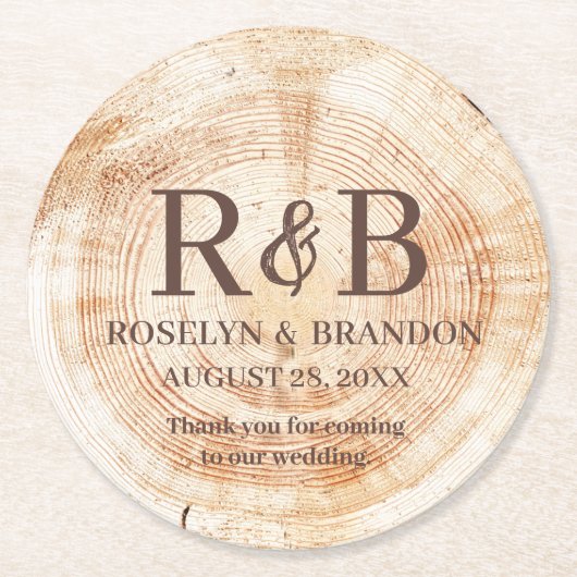木の粒素朴の結婚感謝モノグラム ラウンドペーパーコースター (正面)