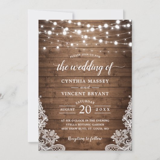 木の素朴きらめく糸のライトレース結婚の 招待状 (正面)