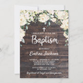 木の素朴なヴィンテージの緑の白いフローラバプテスマ 招待状 (正面)