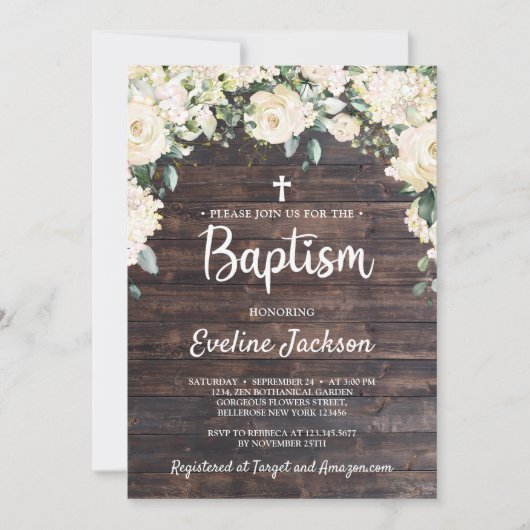 木の素朴なヴィンテージの緑の白いフローラバプテスマ 招待状 (正面)
