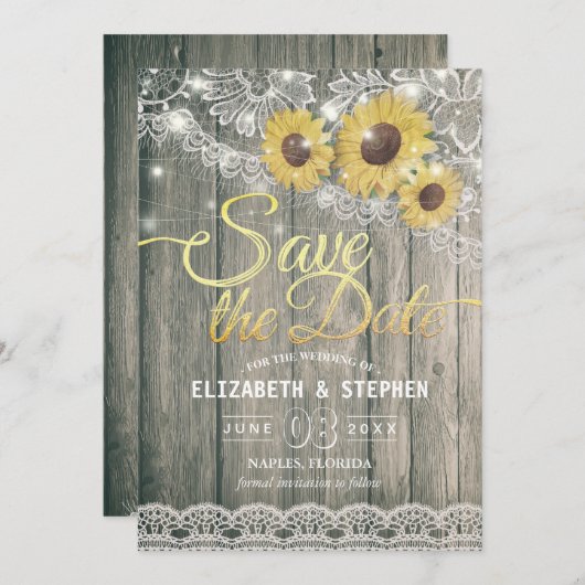 木の素朴ひまわりレース結婚式の日付を保存 セーブザデート (正面/裏面)
