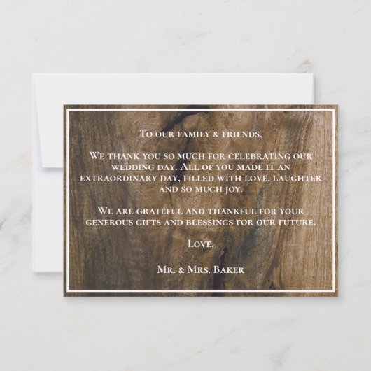 木の素朴カスタムウェディング サンキューカード (裏面)