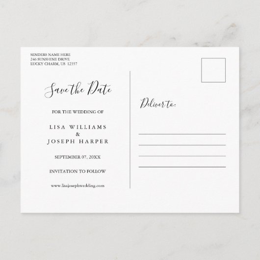 木の素朴スクリプト写真の結婚式の日付を保存 ポストカード (裏面)