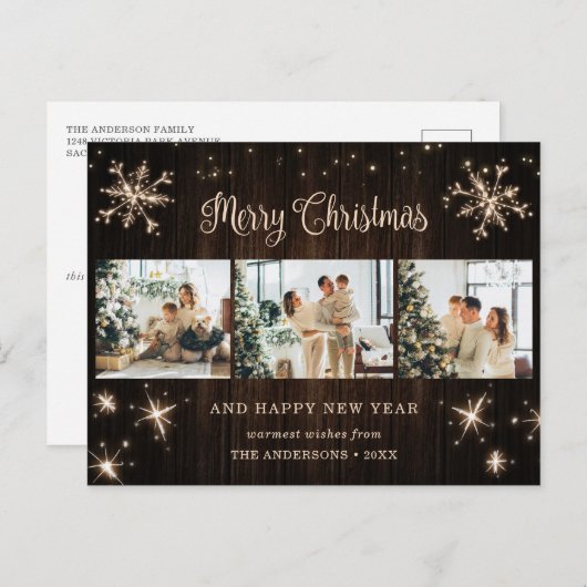 木の素朴スノーフレーク写真コラージュ シーズンポストカード (正面/裏面)